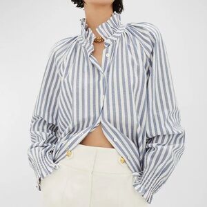 Veronica Beard Small Calisto Striped Ruffled Collar Shirt French Blue Cotton